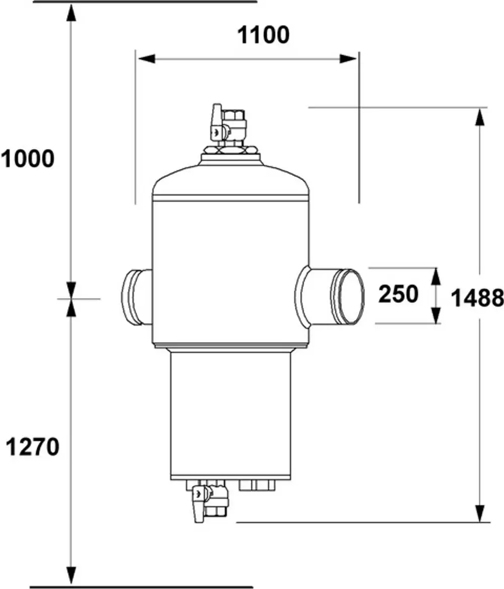 Vertikaler Abscheider von IMI Hydronic Engineering mit zwei Anschlüssen und einer oberen Entlüftung. Maße sind im technischen Diagramm dargestellt.